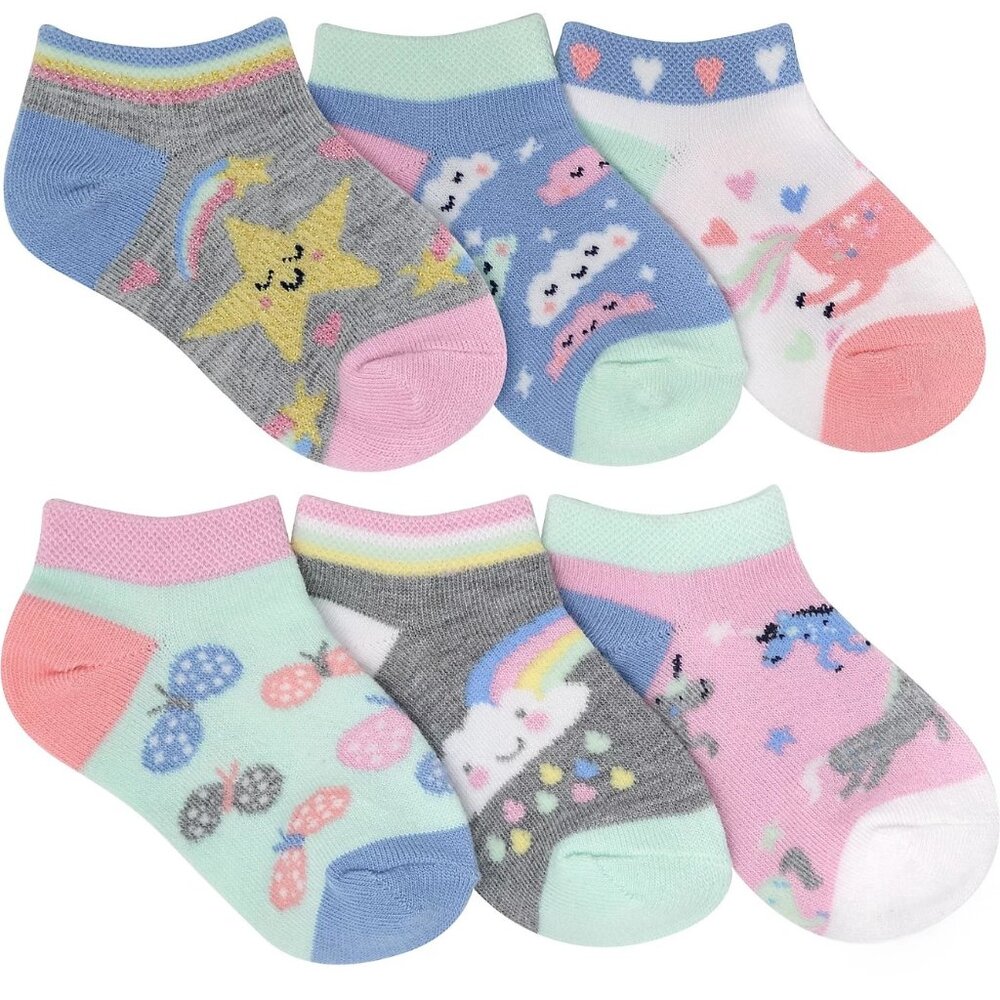 BCG Toddler Girls' Star Unicorn No-Show Socks 6-Pack NEW